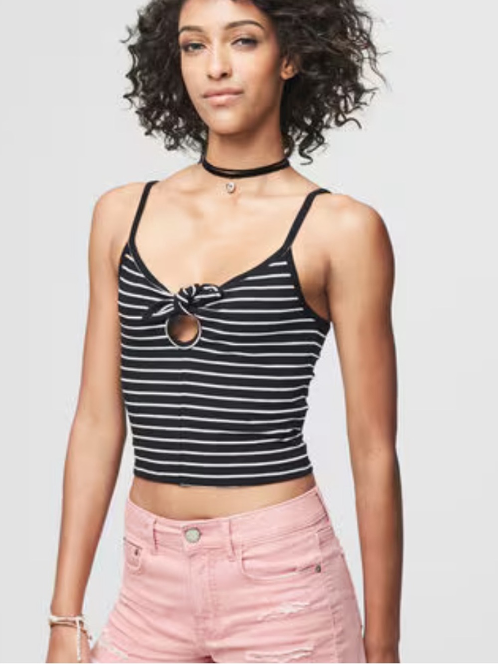 Lands' End Black & White Striped Knot-Front Tank
